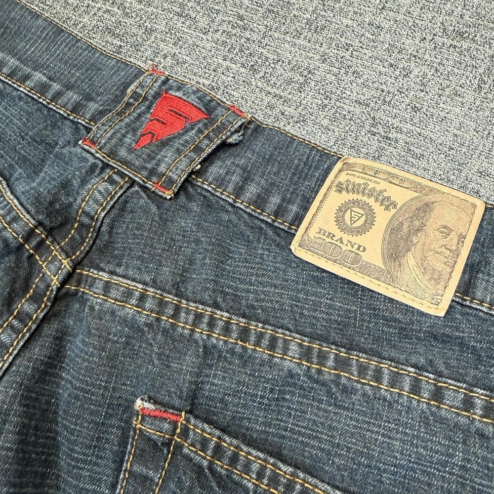 Sinister Brand‎ Jeans Mens 36x30 Blue Straight Leg Money Print Pocket Y2K VTG